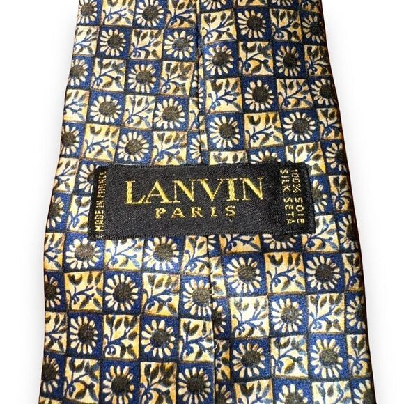 Lanvin Navy & Gold Flower Checkerboard Handmade 100% Silk Tie - Picture 3 of 6
